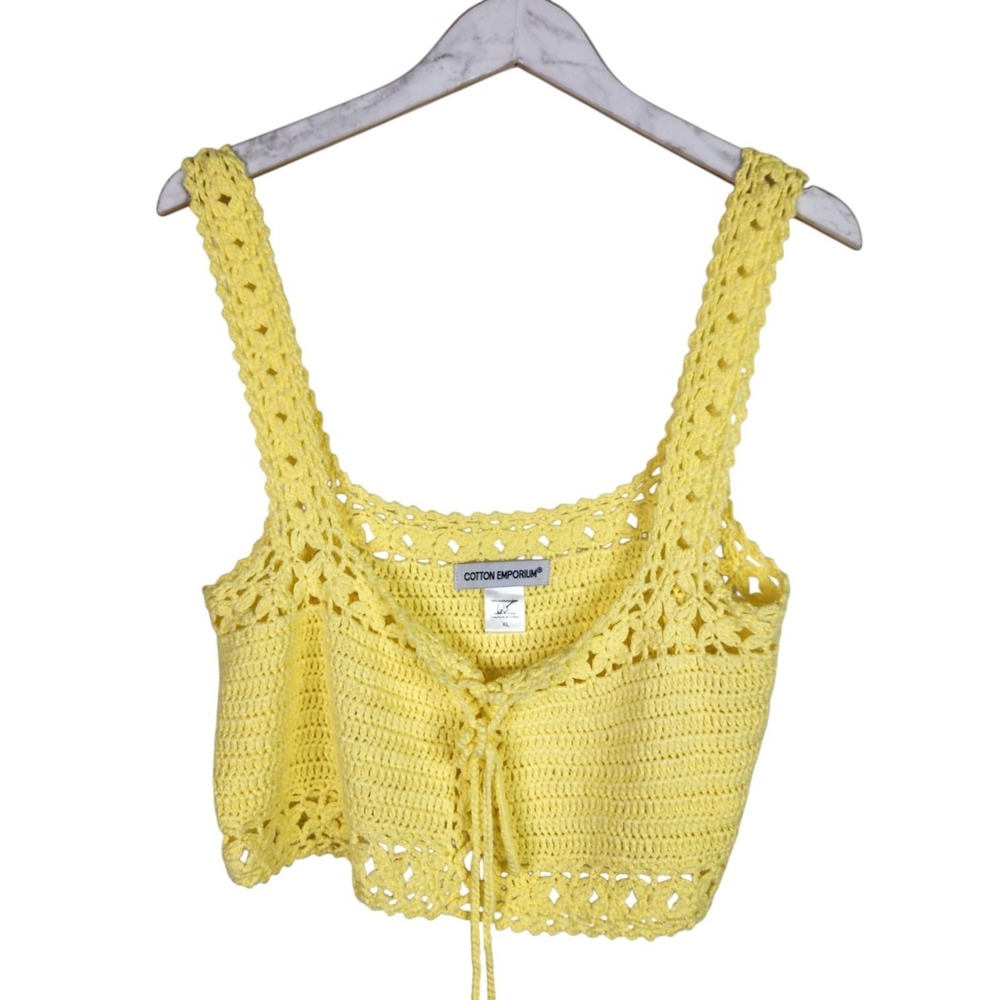 COTTON EMPORIUM Tank Top Womens XL Yellow Crochet Tie Front‎ Crop Boho